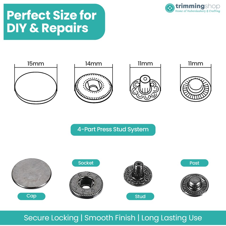 image 1 of 15mm S Spring Press Studs 4-Part, Durable & Lightweight - 100pcs