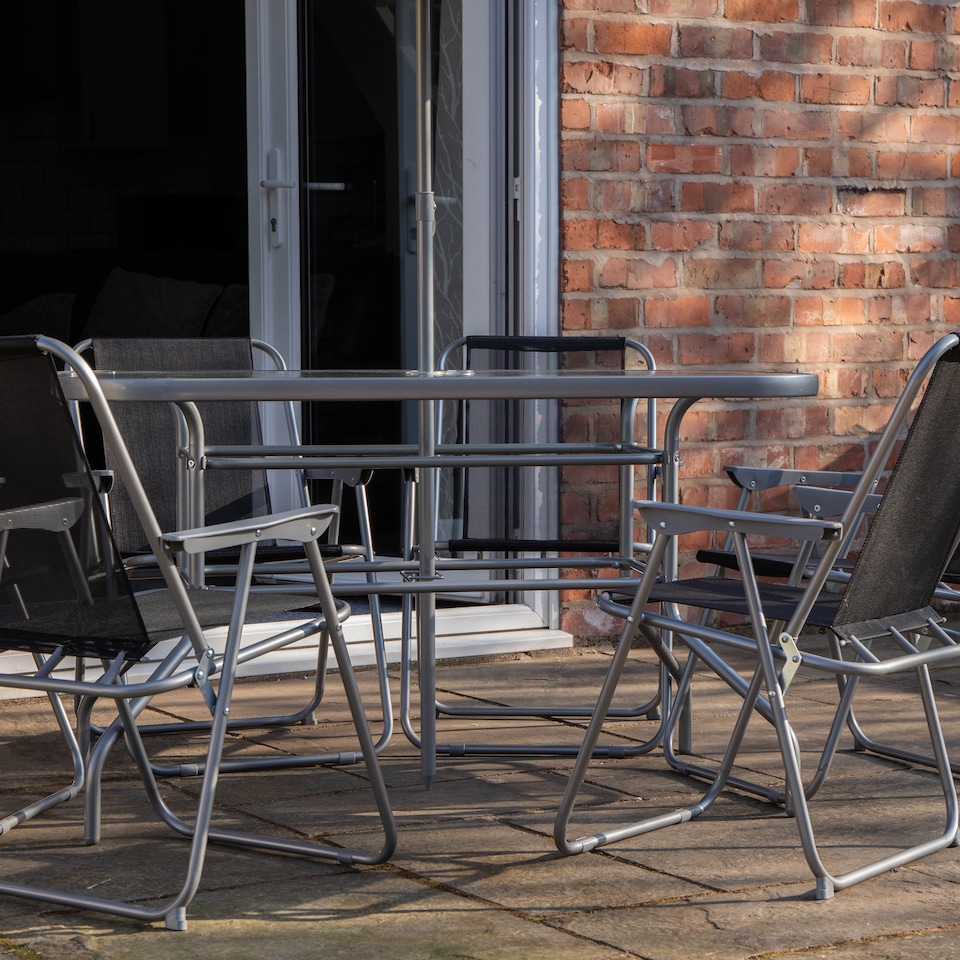 image 1 of 6 Person Garden Furniture Patio Set Table, 6 Chairs & Parasol with Black Glass
