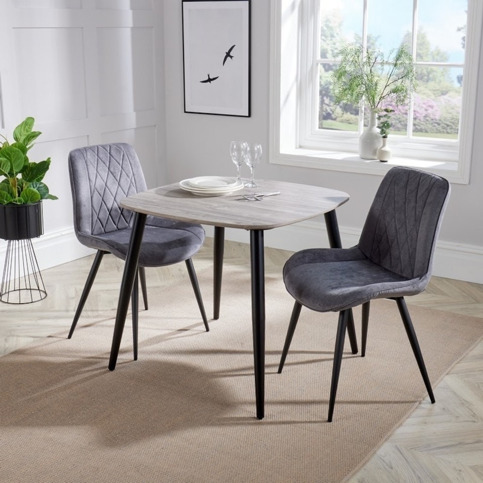 image 1 of Aspen Tapered Legs Square Dining Table with 2 Diamond Stitch Dining Chairs - Grey Oak/Black - Flat Packed Grey