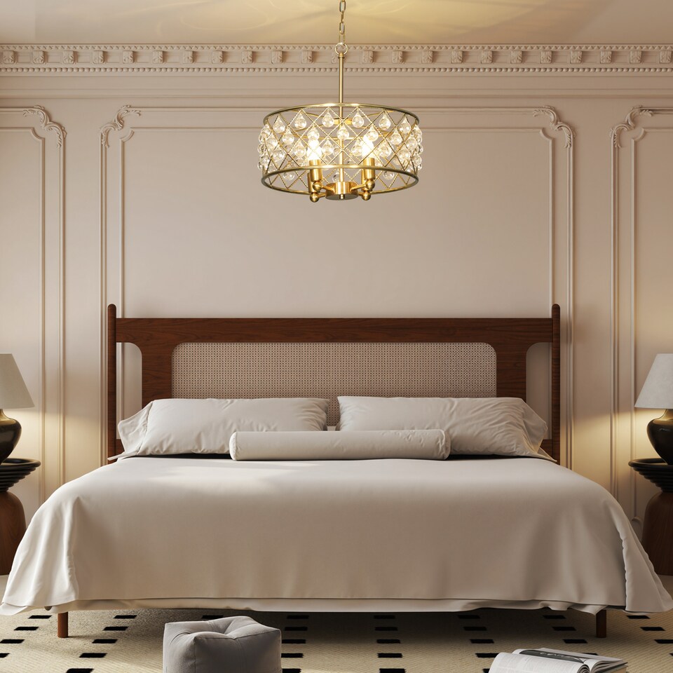 image 1 of HOMCOM Crystal Chandelier with Adjustable Height, 4-Light Modern Flush Mount Ceiling Light, Hanging Chandelier with E14 Base for Living Room, Bedroom, Dining Room, Bulb Not Included, Gold Tone | Gold