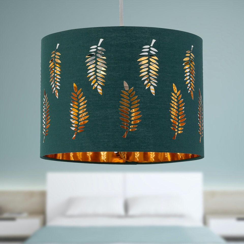 image 1 of First Choice Lighting Set of 2 Fern Dark Green Cut Out 30cm Pendant Lightshades Green | Gold