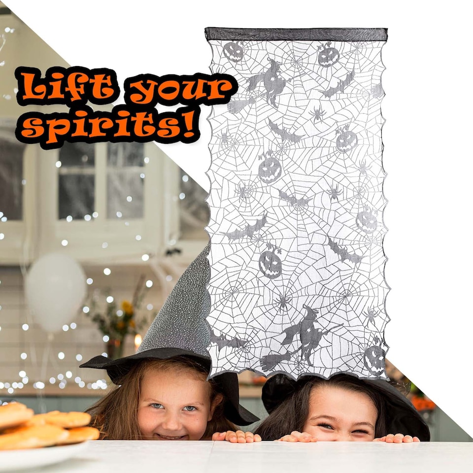 image 1 of vfm-estore Halloween Witch & Pumpkin Door Curtain - Grey, 190cm x 100cm