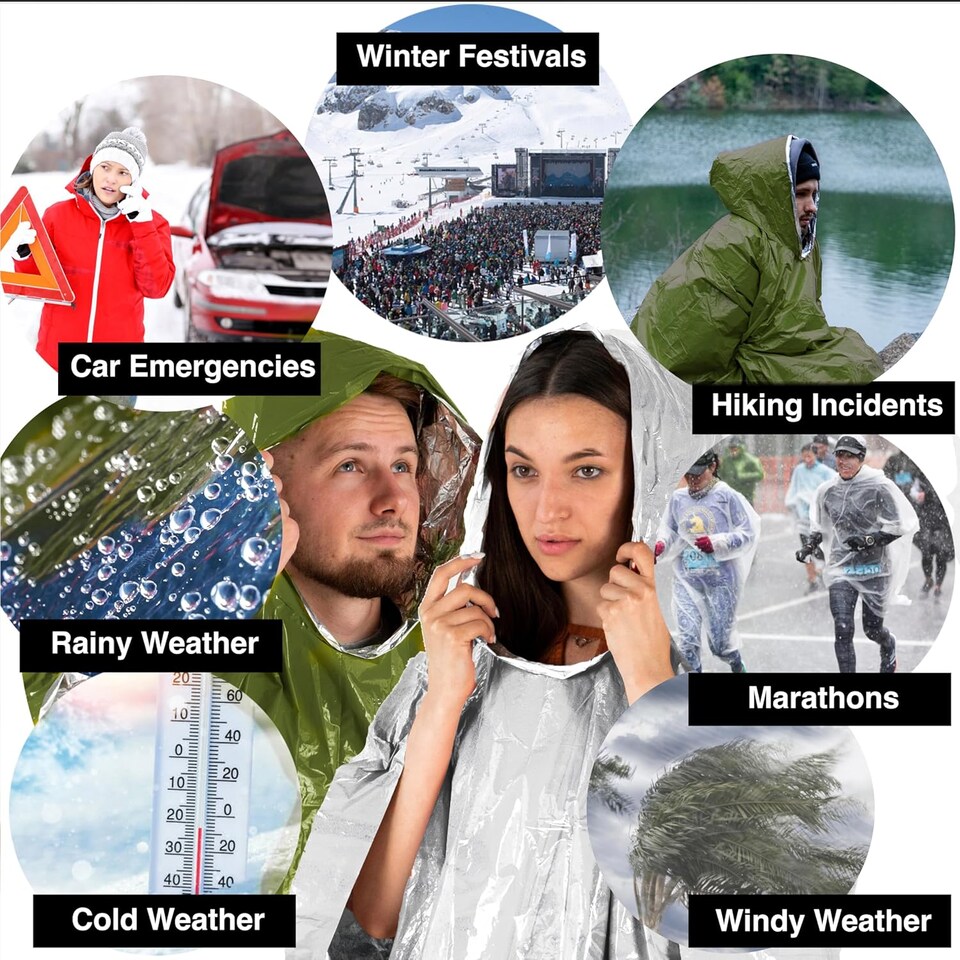 image 1 of aZengear Emergency Survival Poncho (4pc) Thermal Mylar Foil Coating Blanket for Heat Retention and Rain, Waterproof (Green)