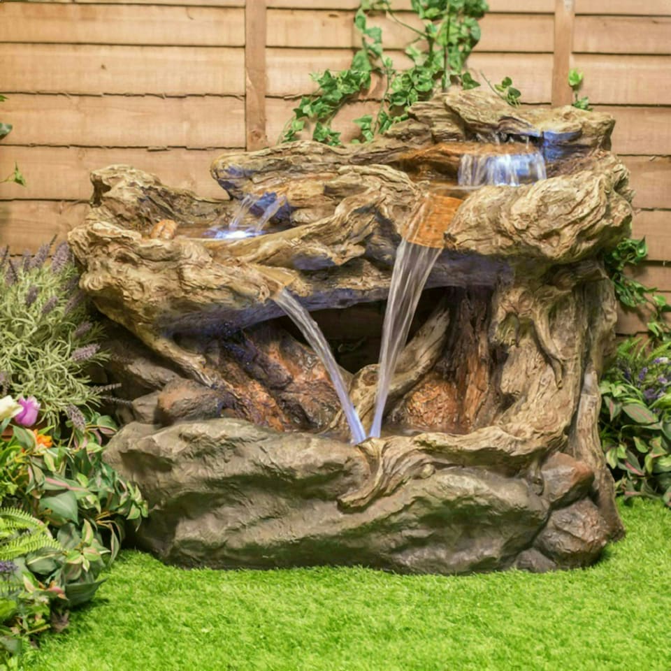 image 1 of Primrose Montana Falls Log Rock Effect Cascade Water Feature with LEDs 77cm