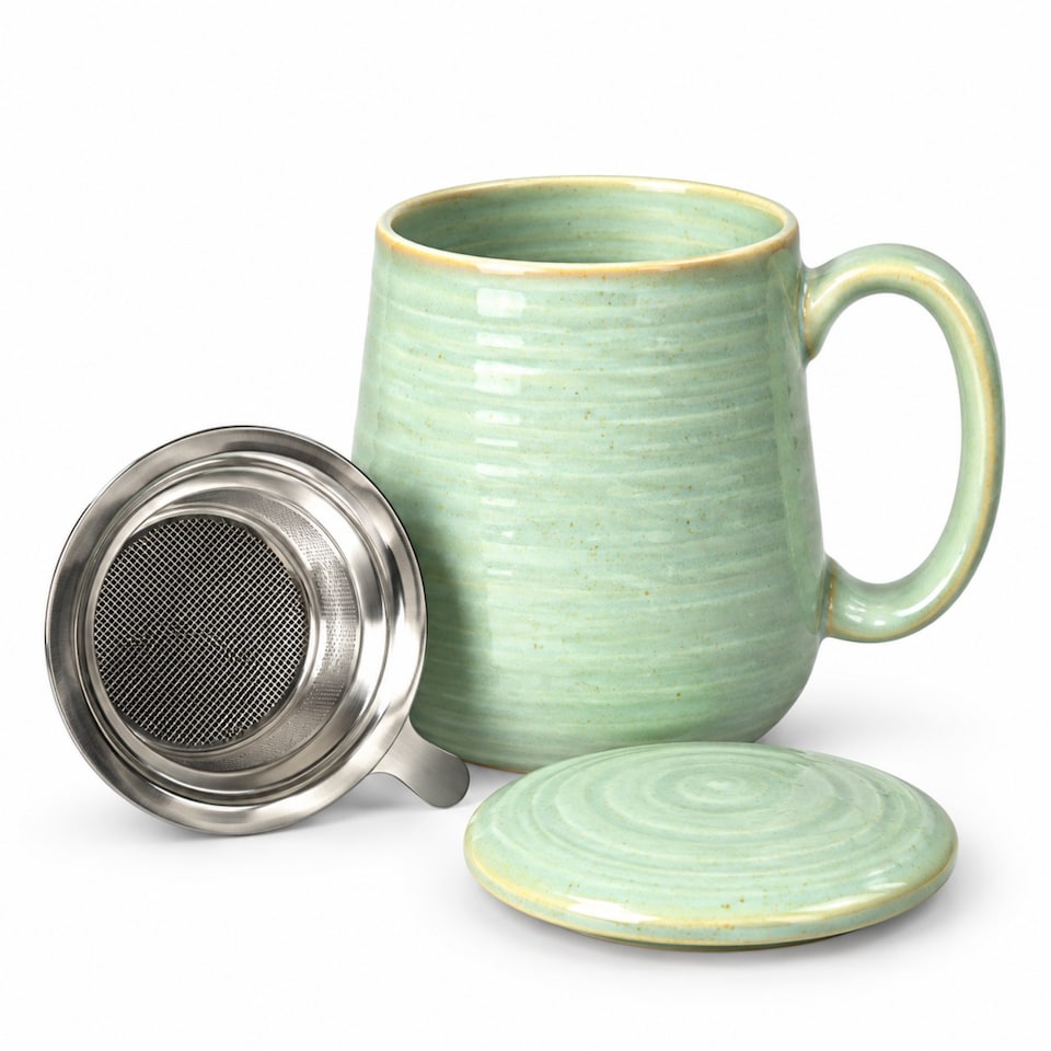 image 1 of Skandi Home 600ml Sage Green Reactive Glaze Ceramic Aska Infuser Mug with Lid