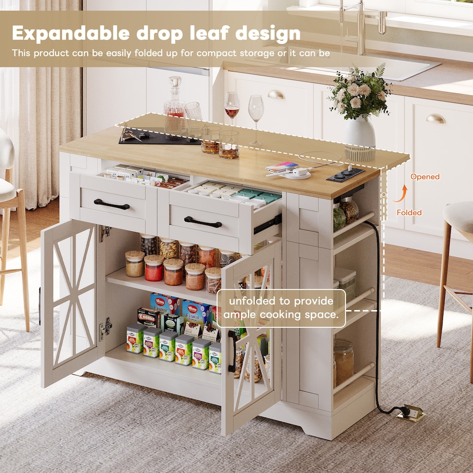 image 1 of VILUXE Mobile Kitchen Island with Foldable Worktop, 2 AC Sockets, 2 USB Ports, Glass Doors, Adjustable Shelves and Lockable Wheels, White and Natural