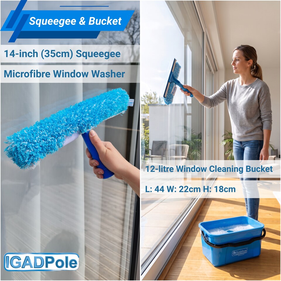 image 1 of IGADPole 12L Window Cleaning Bucket Kit with 14" Squeegee & 10x Free Microfibre Cloths + 1 Special Glass Cloth