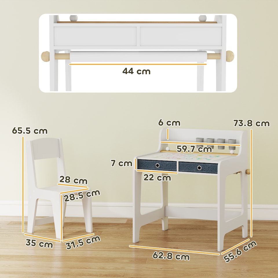 image 1 of AIYAPLAY Kids Desk and Chair Set, Art Table and Chair Set for children with Hutch & Drawers, Gift for Aged 3-8, Student Study Writing Table for Home School Bedroom Playroom