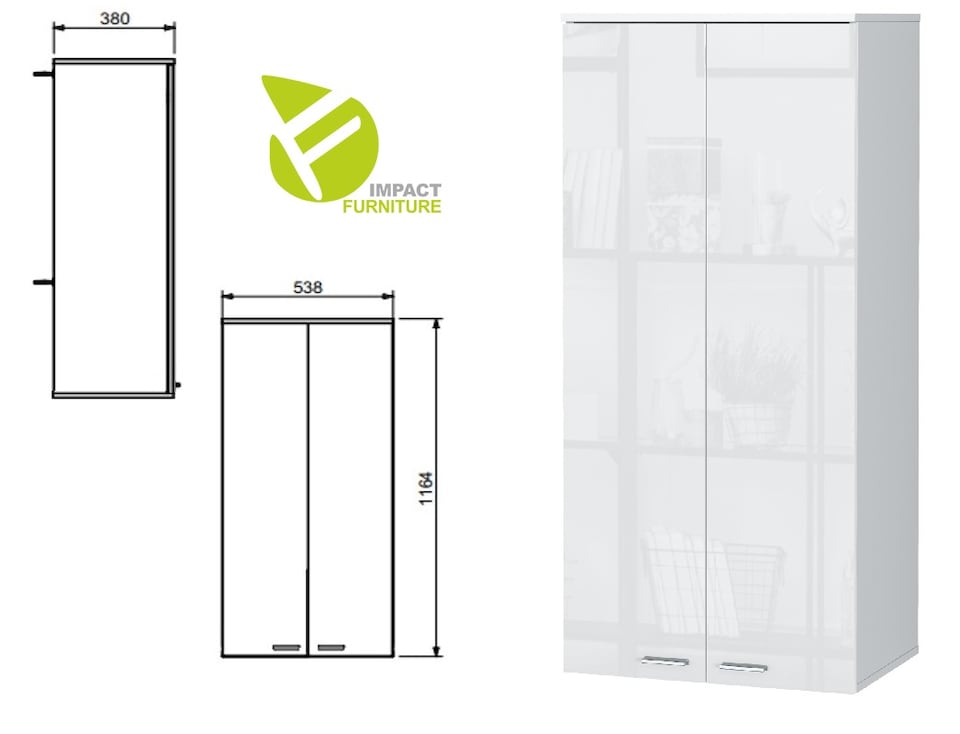 image 1 of Sol Wall Cabinet Unit Storage Cupboard - White Gloss 538x1164mm