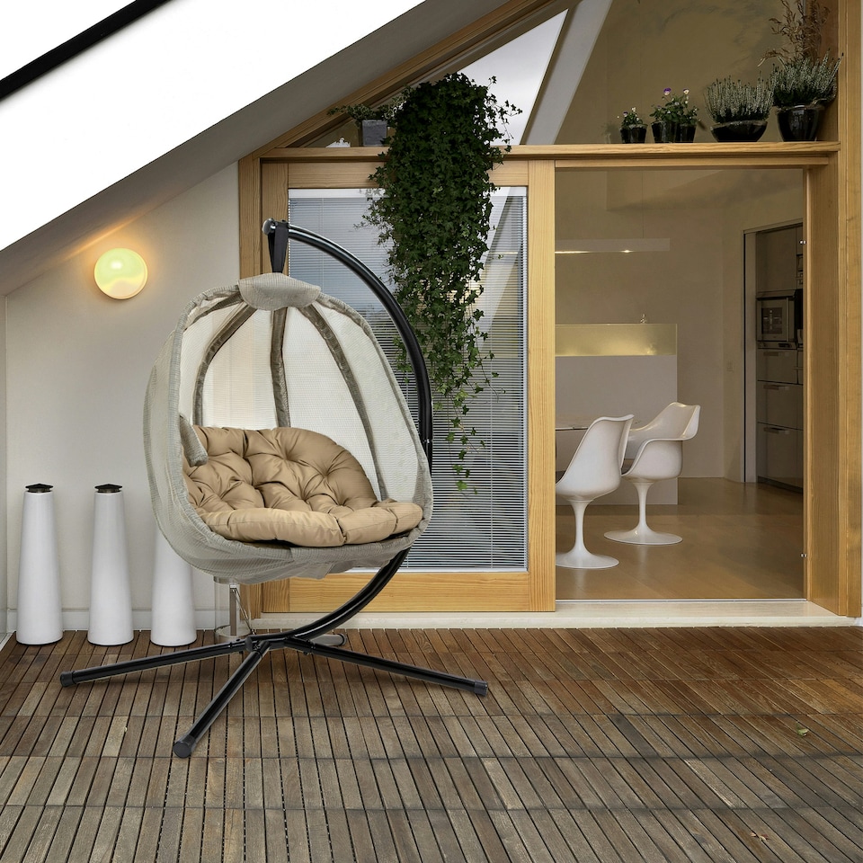 image 1 of Outsunny Folding Hanging Egg Chair w/ Cushion and Stand for Indoor Grey