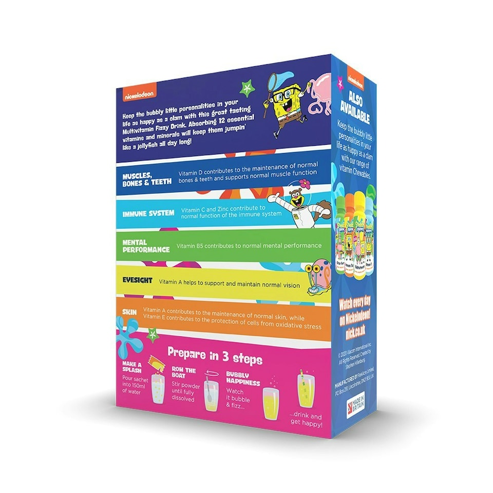 image 1 of SpongeBob Multivitamin Fizzy Drink, 10 Sachets, 12 Vitamins