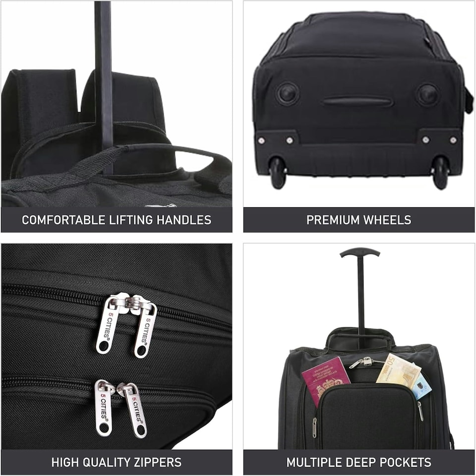 image 1 of 5 Cities 21"/55cm Backpack Trolley Bag Carry On Lightweight Travel Cabin Approved with Shoulder Straps Wheels Suit Case Hand Luggage with 2 Year Warranty Black | Black | Cabin Bag