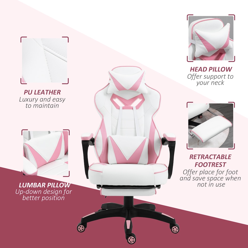 image 1 of Vinsetto Computer Gaming Chair, Racing Desk Chair with Lumbar Support and Footrest, PU Leather Gamer Chair with Headrest and Swivel Wheels for Home, Pink