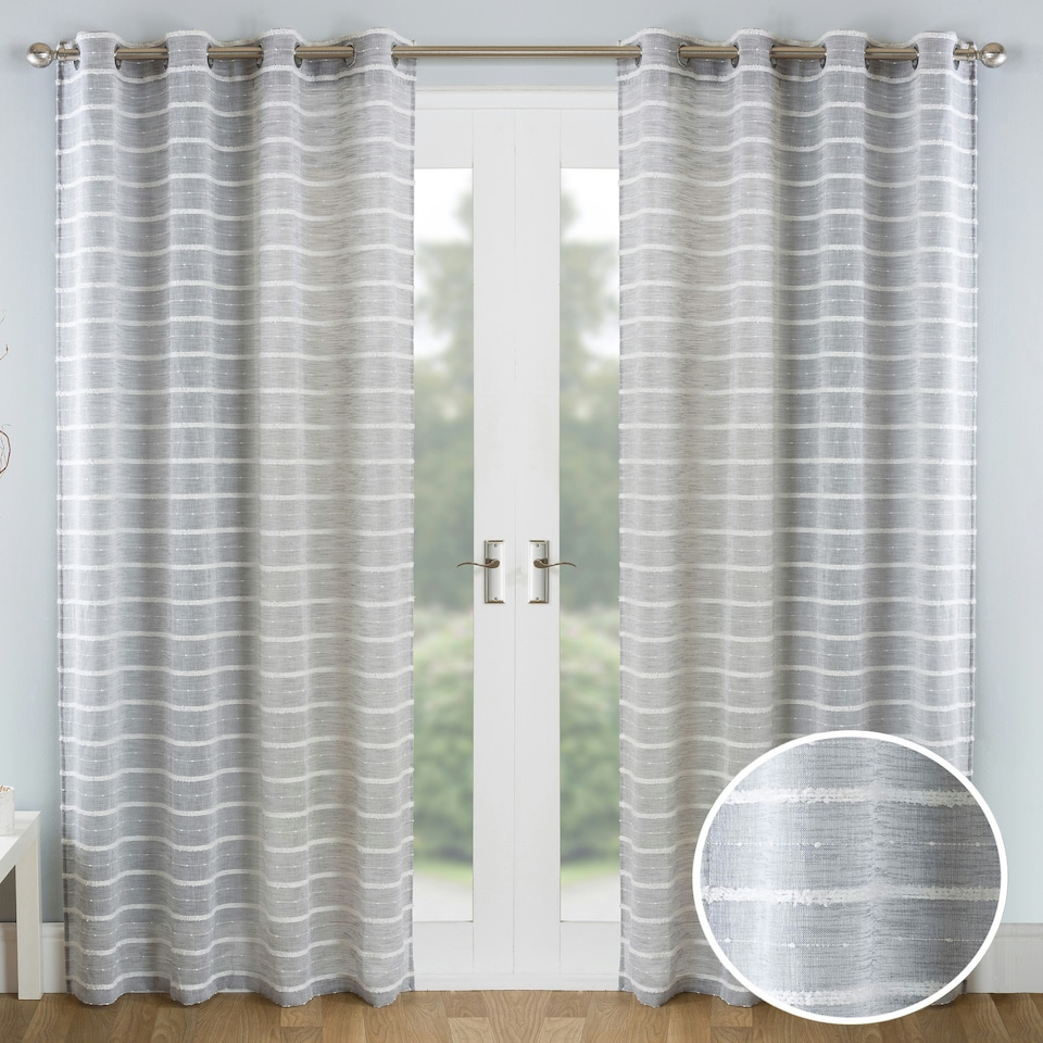 image 1 of Pair of Antigua Grey Chenille Stripe Voile Panels 54 inch (137 cm) Light Filtering Eyelet Linen-Look Voile Panels for Bedroom and Living Room