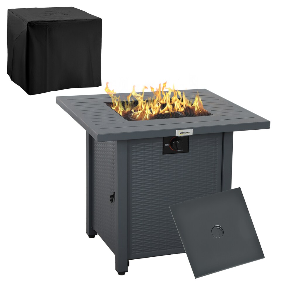 image 1 of Outsunny 40,000 BTU Gas Firepit Table with Protective Cover, Grey