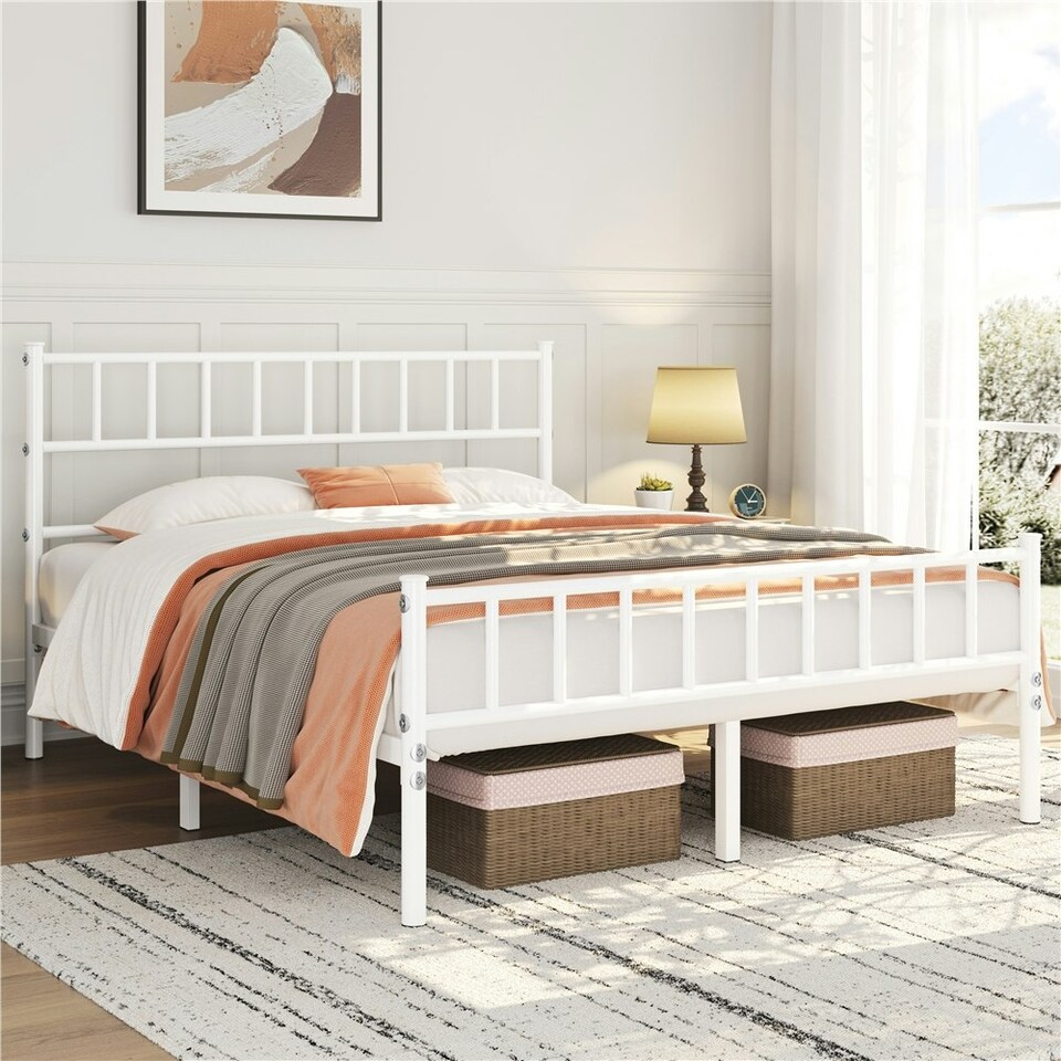 image 1 of Yaheetech 4ft6 Double Metal Bed Frame with Slatted Headboard White