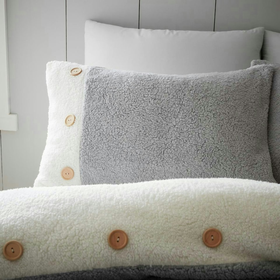 image 1 of Catherine Lansfield So Soft 2 Tone Buttoned Sherpa Grey Duvet Cover Set Grey | Double
