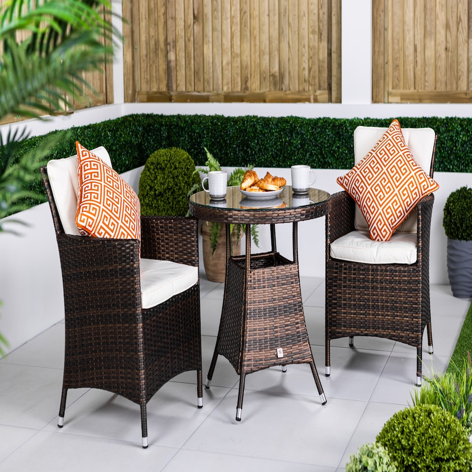 image 1 of Savannah Round Rattan Garden Bistro Table and Chairs Set 2 Seater | Brown | Brown