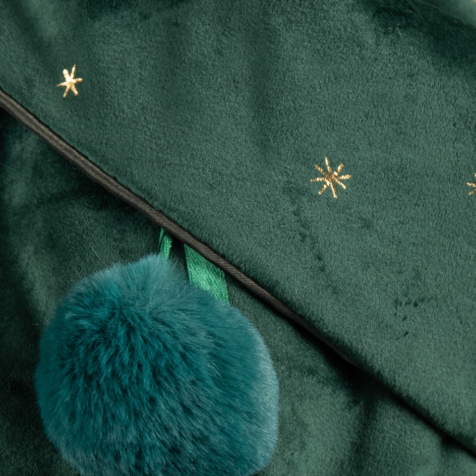 image 1 of 70cm Hanging Dark Green Velour Star Print Christmas Stocking with Pom Poms
