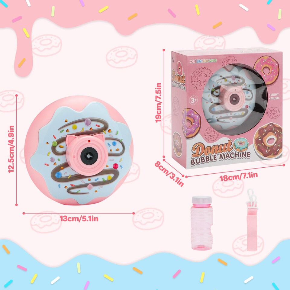 image 1 of Donut Bubble Camera for Kids - Automatic Bubble Gun with Lights and Music - Fun Outdoor Bubble Machine for Birthdays and Parties (Blue & Pink)