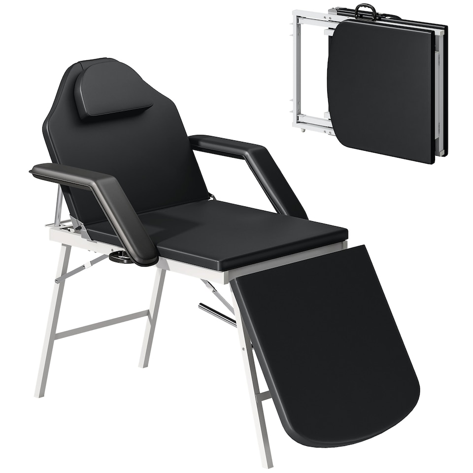 image 1 of HOMCOM Portable Massage Table, 3 Section Adjustable Beauty Bed, Foldable Massage Bed with Face Hole, Recliner Chair with Removable Headrest and Armrests for Spa, Lash, Tattoo, Black | Black