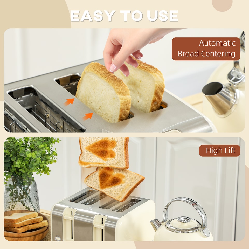 image 1 of HOMCOM Stainless Steel Kettle and Toaster Set, 1.7L 3000W Cordless Fast Boil Kettle, 4 Slice Toaster Kitchen Set with 7 Level Browning Controls, Defrost, Reheat and Crumb Tray, Cream White