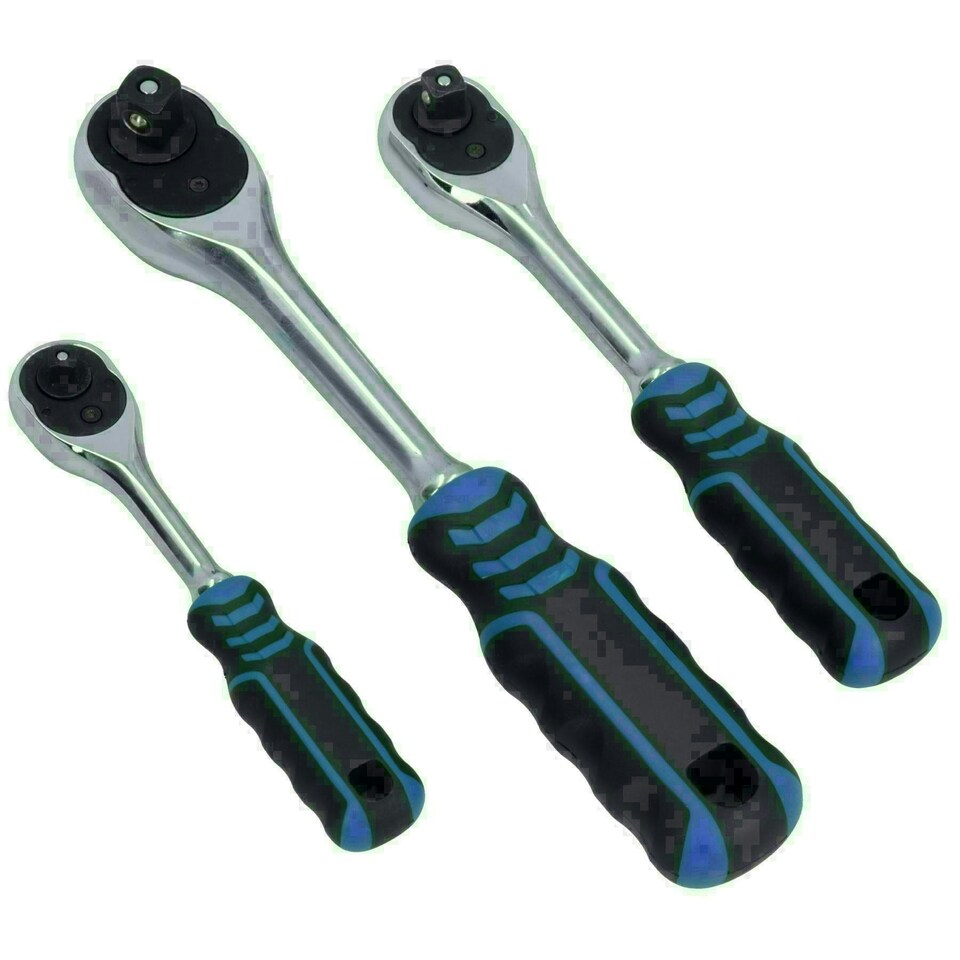 image 1 of 1/4in 3/8in 1/2in Drive Ratchets Straight Handle 90 Teeth Quick Release 3pc Set