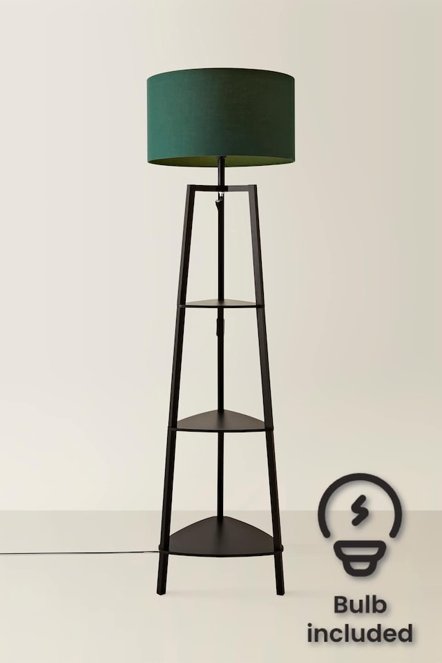 image 1 of ValueLights Hiru Black 3 Tier Shelf Floor Lamp Green Shade & Bulb | Black | Green