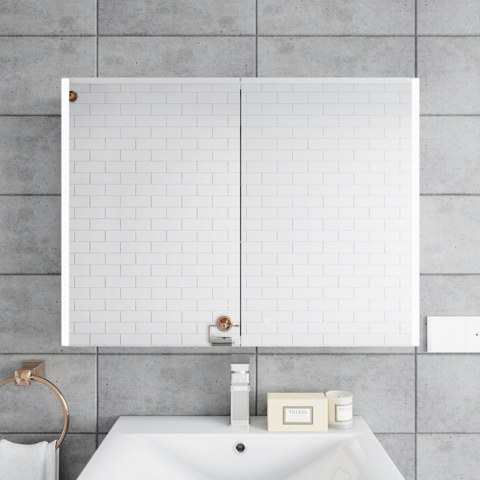 image 1 of Rectangular 2 Door Touch Sensor Mirror Cabinet with 2 Shelves, Demister & Shaver Socket, 800mm - White/Chrome Silver