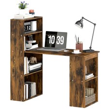 HOMCOM 120cm Computer Desk Bookshelf Writing Table 6 Shelves Brown | Brown | Rustic Brown Wood-Effect | 120L x 55D x 120Hcm