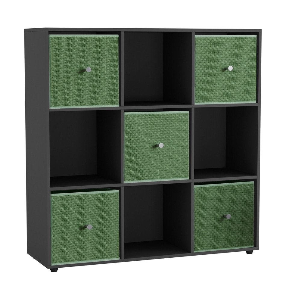9 Cube Wooden Bookcase Shelving Unit with 5 Collapsible Fabric Drawers Multi Black & Pastel Green 1