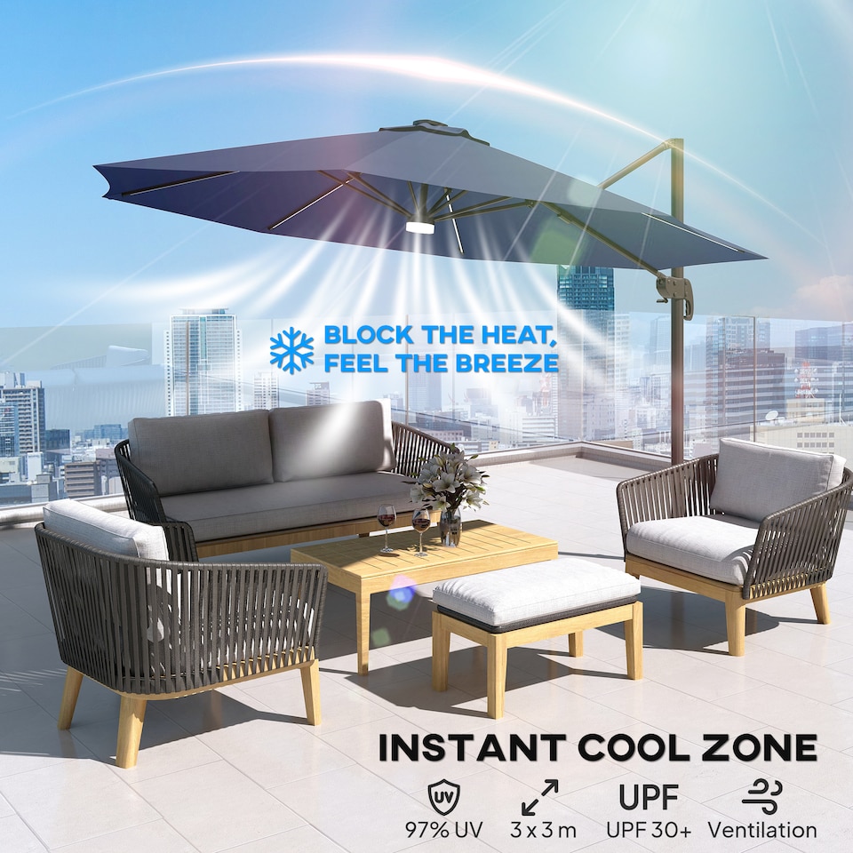 image 1 of Outsunny 3 m Cantilever Roma Parasol Garden Sun Umbrella Outdoor Patio with 360 Degree Rotation Crank and Tilt Aluminium Frame LED Solar Light Cross Base, Blue