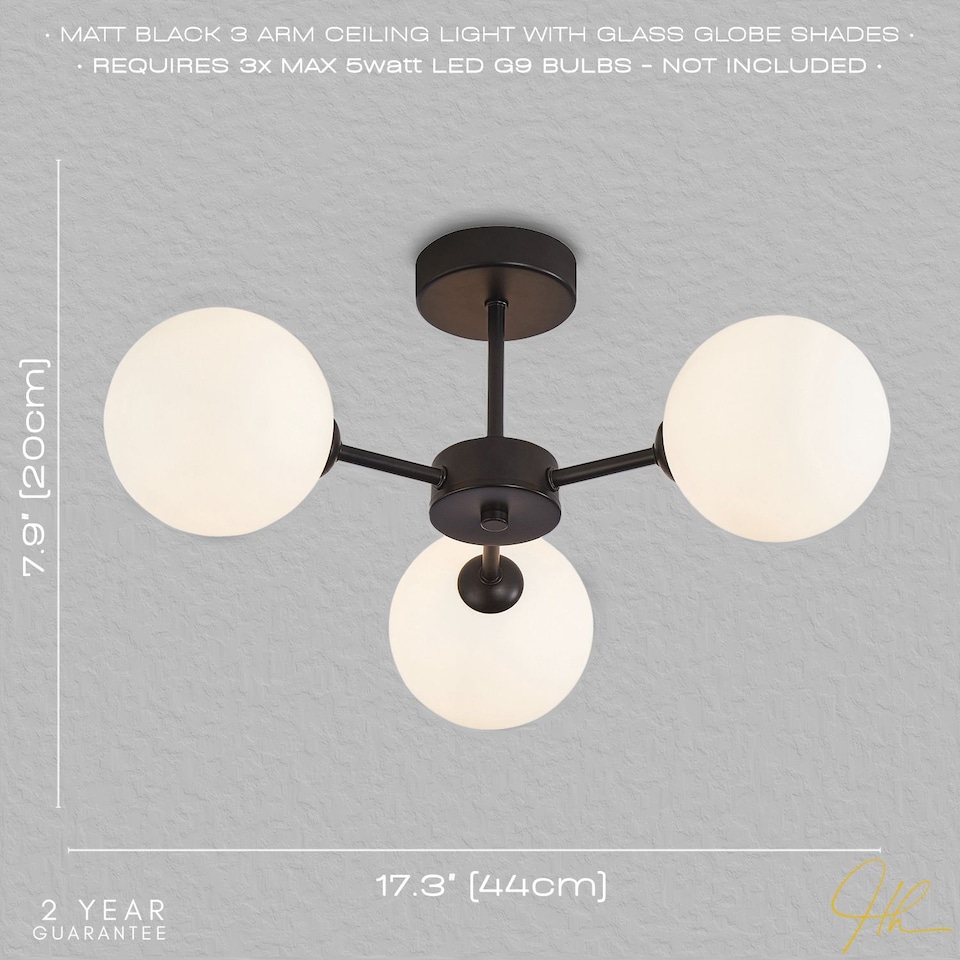 image 1 of Contemporary Chic Matte Black Ceiling Light with Opal White Globe Glass Shades | Black | Black | 1