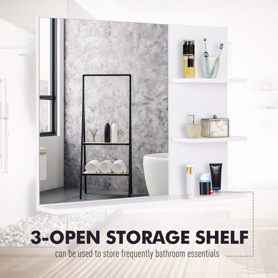 image 1 of kleankin Bathroom Mirror Wall Mount Vanity Mirror with 3 Storage Shelves, White