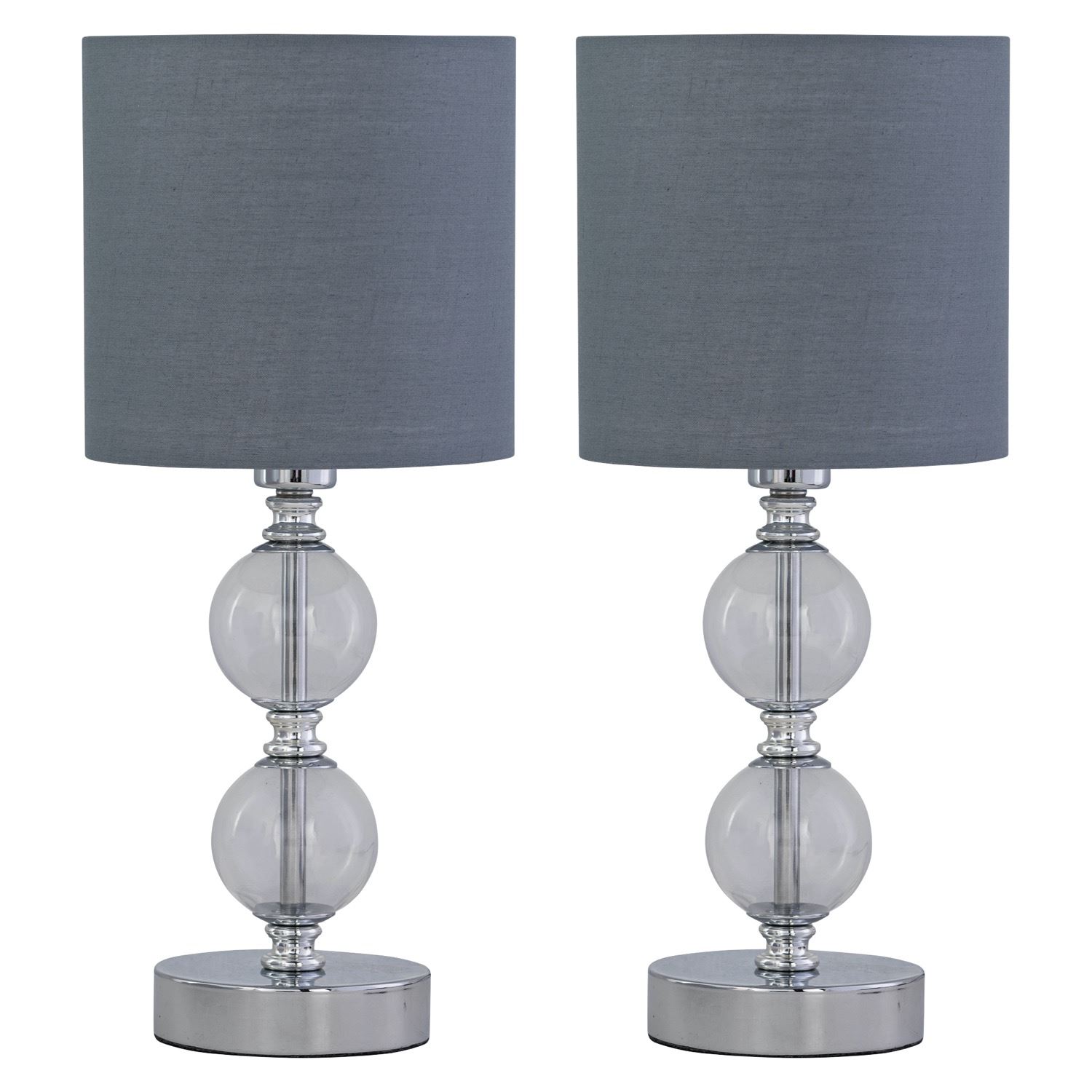 First Choice Lighting Set of 2 Chrome Two Ball Table Lamp with Grey Cotton Shades in Silver