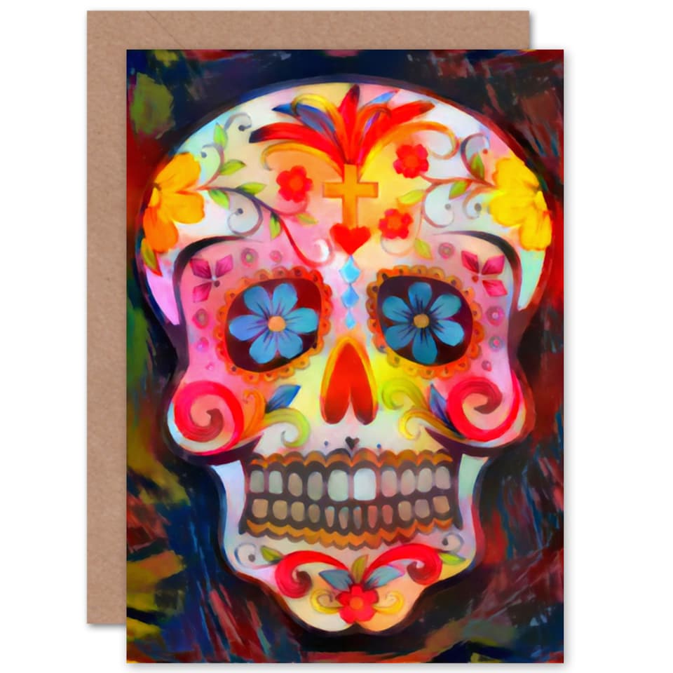 image 1 of Day Of The Dead Skull Oil Paint Greetings Card