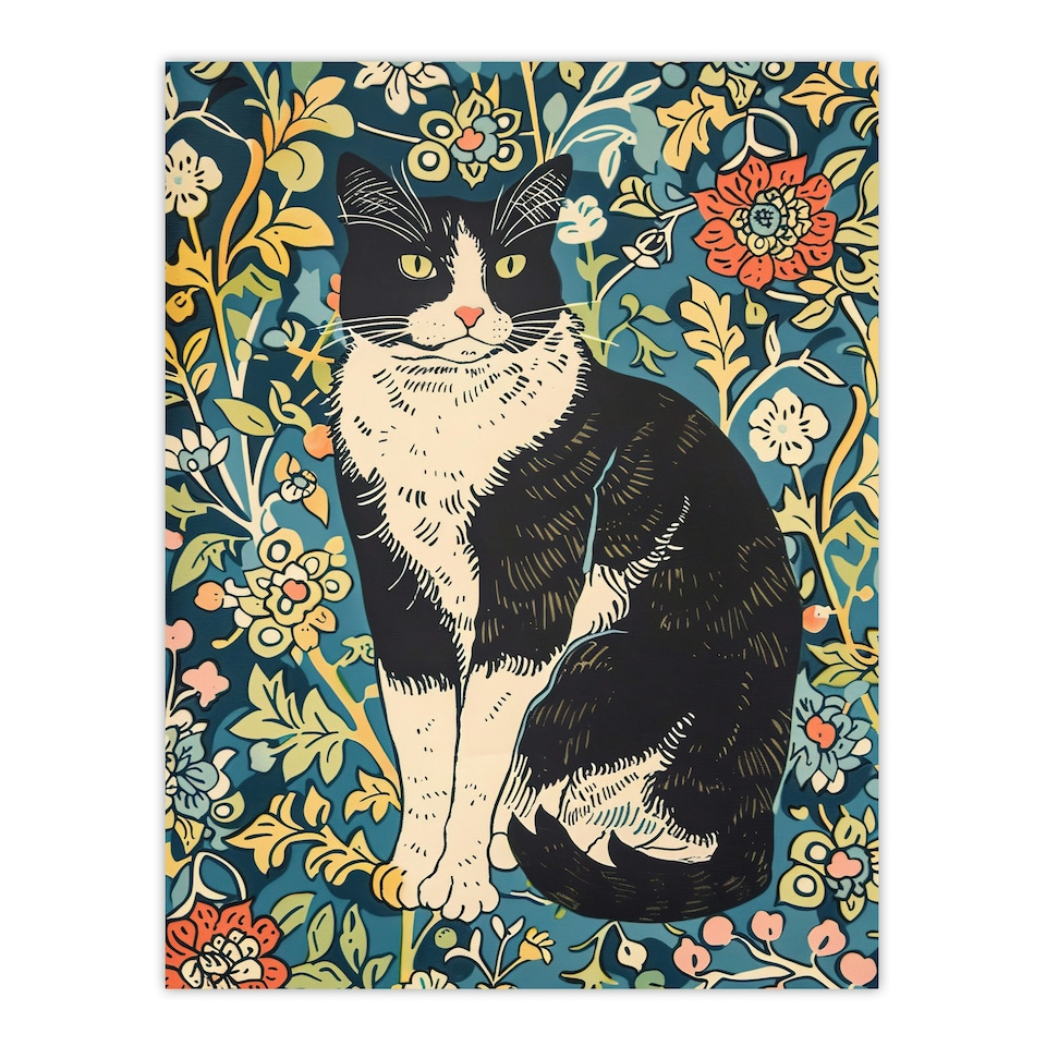 image 1 of Cat Flowers Portrait Animal Lover Living Room Black Framed Wall Art Print A4