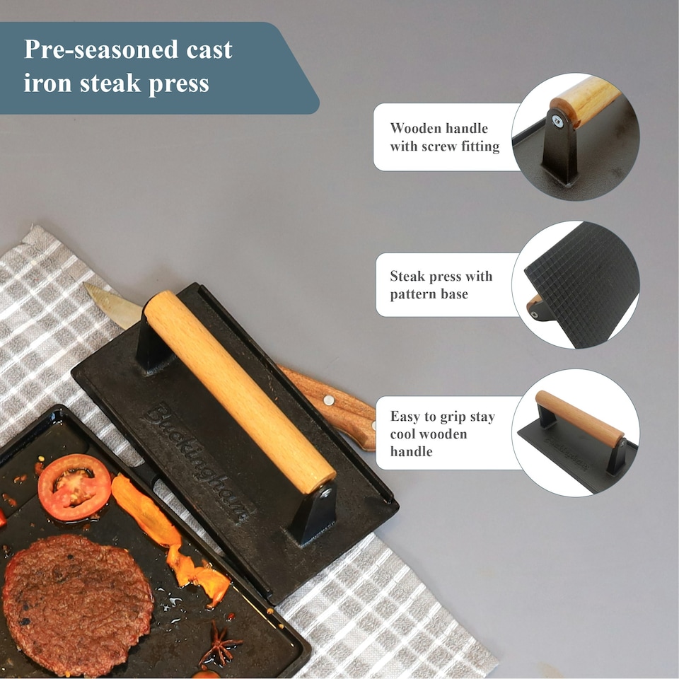 image 1 of Buckingham Pre-Seasoned Cast Iron Steak Becon Burger Press 21 cm , Wooden Handle