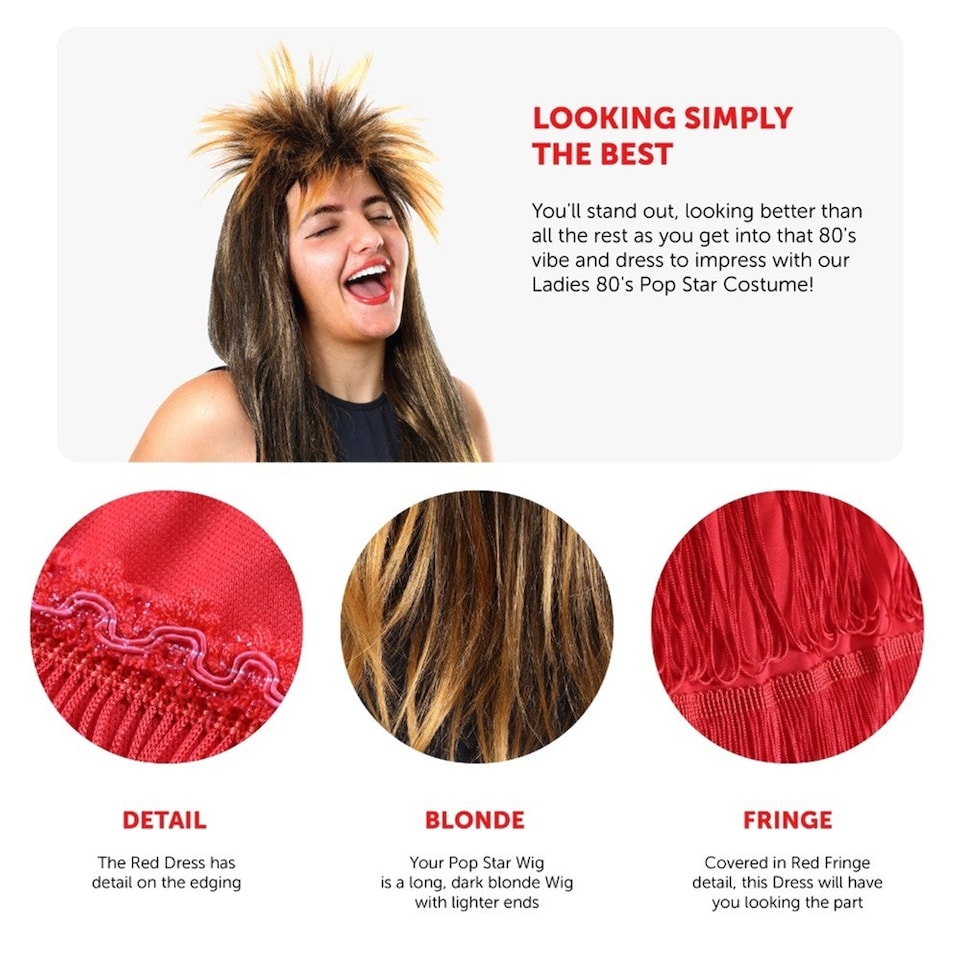 image 1 of 80s Pop Star Costume - Wig And Dress Red | 2XL
