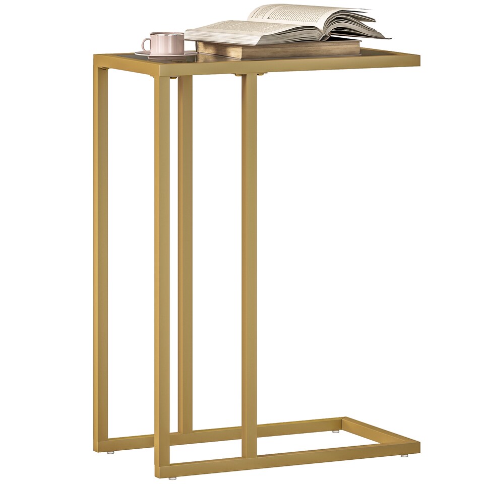 image 1 of HOMCOM C-Shaped Side Table, Modern Slim End Table with Tempered Glass Tabletop, Steel Frame for Small Space, Living Room, Bedroom, Gold Tone | Gold