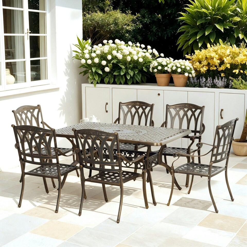 image 1 of Outsunny 7 Pieces Cast Aluminium Garden Dining Set with Parasol Hole Bronze