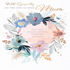 Words 'n' Wishes Traditional Sympathy Card - Loss of your Mum Watercolour Flower Wreath with a Foil Finish - Eco-Friendly and Recyclable - by Words 'n' Wishes