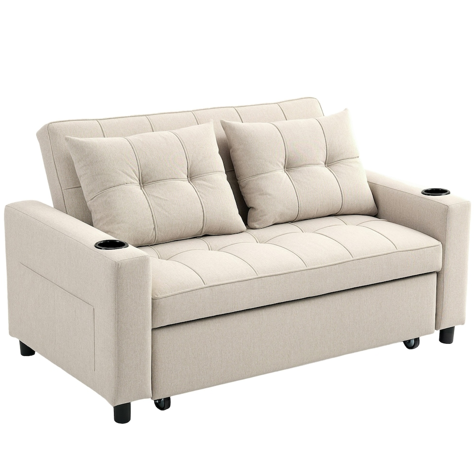 image 1 of HOMCOM 2 Seater Pull Out Sofa Bed with Pockets for Living Room Beige