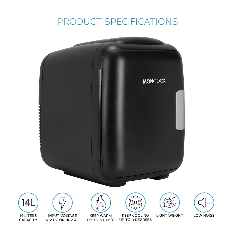 image 1 of MONCOOK Mini Fridge For Bedrooms - Small, Portable & Quiet Mini Fridges For Skincare, Medicine, Food & Drinks - Cooling & Warming Function - 14L - Black Mono