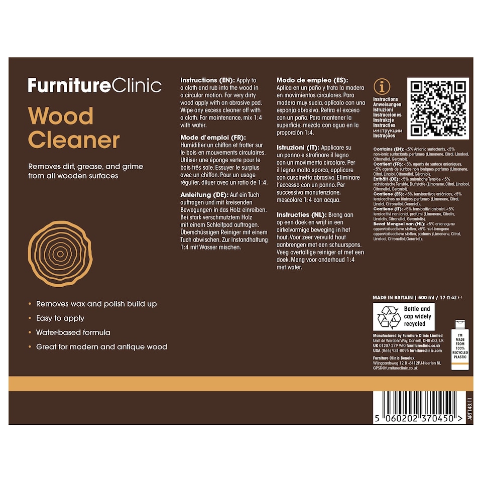 image 1 of Furniture Clinic Wood Cleaner (250ml) | Restore & Clean Wooden Floors, Furniture, Blinds, Doors, Decking and Many other Wood Surfaces - Easily Remove Wax & Polish Build up, Grease and Grime