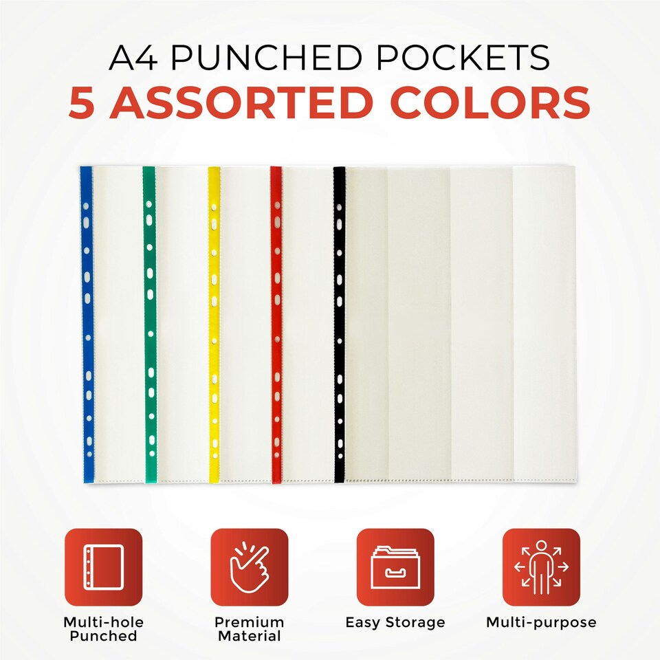 image 1 of Pack of 25 A4 Punched Pockets with Assorted Coloured Reinforced Strip