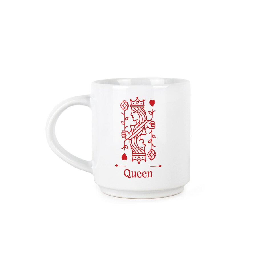 image 1 of King & Queen Stacking Mugs Set Gift - Red Playing Cards Ceramic Cups Set of 2 with Metal Stand, Classic Game Gifts for Couples | White