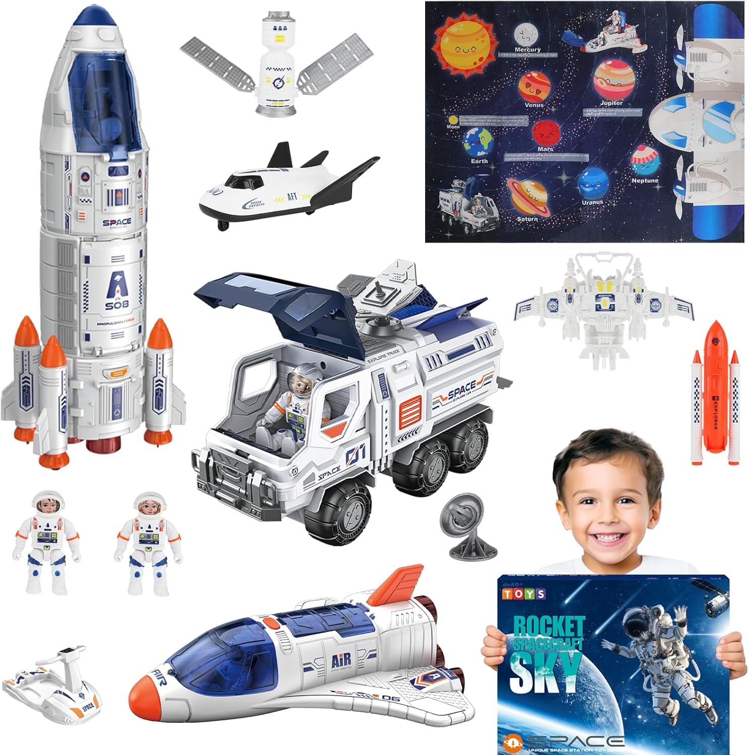 Creative Space Adventure Toys for Kids Space Shuttle Rocket Set with Astronauts Rover Satellite and Solar System Mat