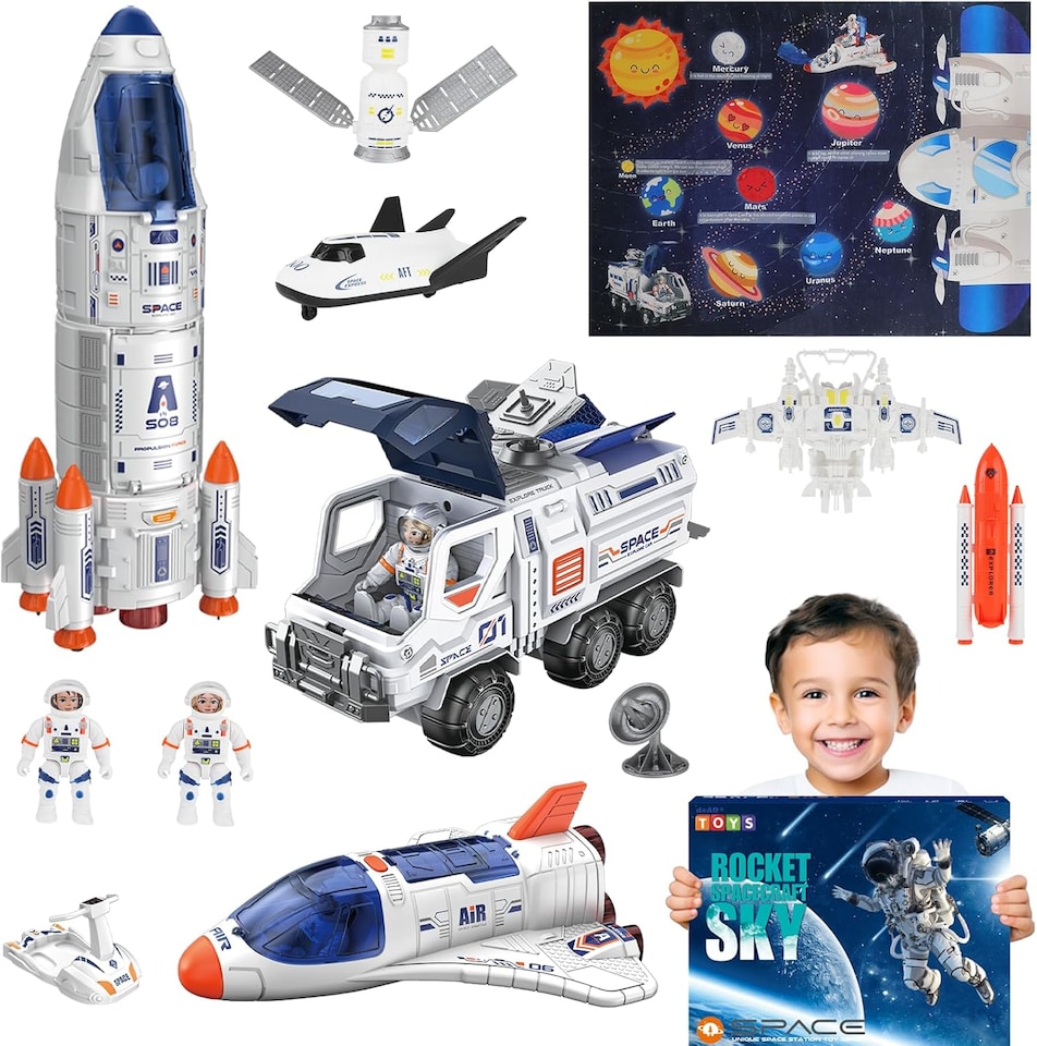 image 1 of Creative Space Adventure Toys for Kids Space Shuttle Rocket Set with Astronauts Rover Satellite and Solar System Mat
