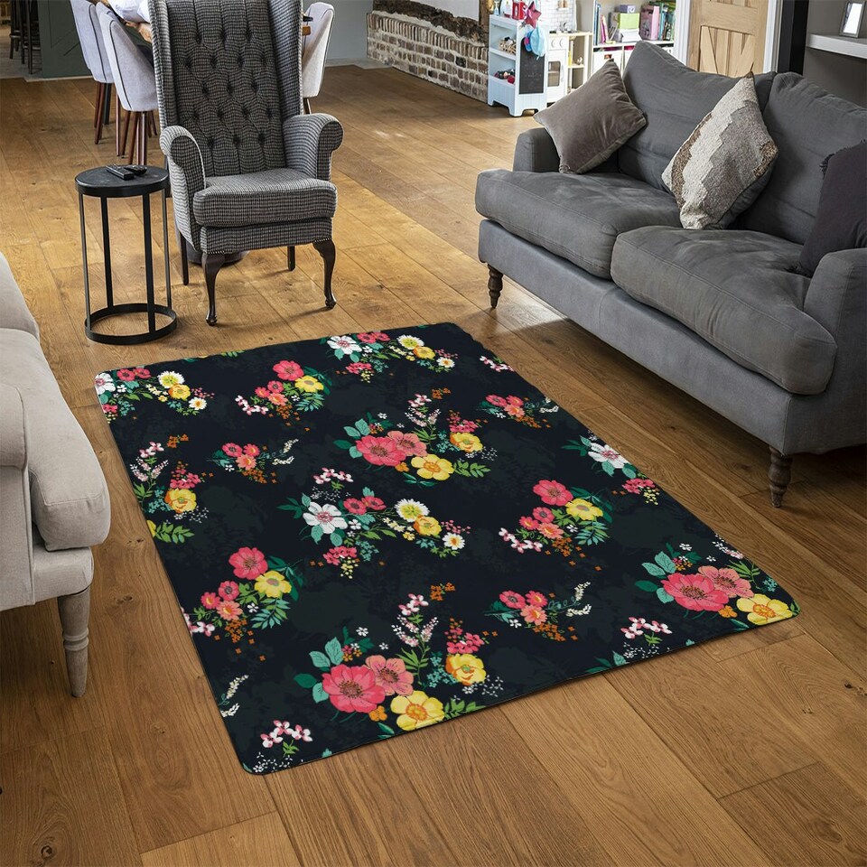 image 1 of Floral Pattern (Rug) Black | Large: 140x200cm